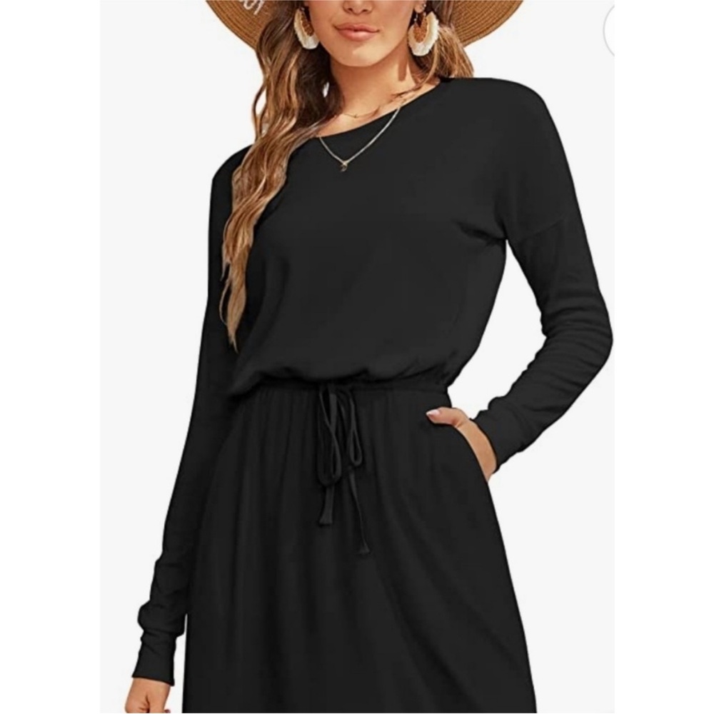 Simier Fariry black long sleeve jersey knit dress with drawstring waist Medium - Picture 2 of 13